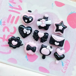 Cute black pink resin charms miniature DIY flatback cabochons for hair clips phone cases