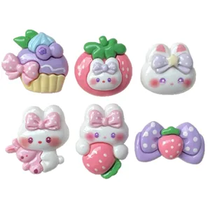 Cute glossy sweet cartoon bunny purple cake strawberry resin flatback charms DIY craft materials.