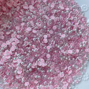 Mixed pink cat paw clay beads pearls and rhinestones for DIY slime craft jewelry making detail