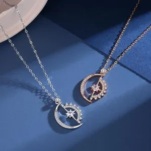 Collar con Colgante Giratorio de Corazón de Sol y Luna de Plata de Ley 925 para Mujer Collar de Clavícula de Estrella y Luna con Strass de Lujo Regalo Joyería