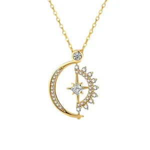 Collar con colgante de sol y luna de plata esterlina S925 joyería elegante mujer