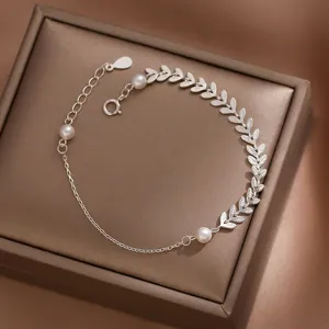 Tobillera de Plata de Ley 925 con Espiga de Trigo y Perla Artificial para Mujer Diseño de Hoja Pluma Cadena de Pie Ajustable Joyería Elegante