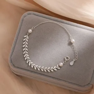 S925 plata esterlina trigo perla tobillera detalle, diseño elegante minimalista joyería.