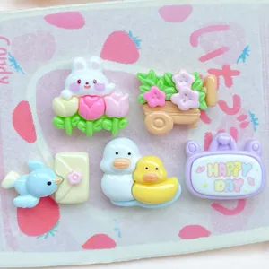 Set de dijes de resina con conejo patos y carrito de flores para fundas de teléfono y horquillas.