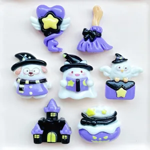 Halloween Purple Resin Charms Ghost Castle Broom Key Flatback Resin Cabochons For DIY Hair Clips Phone Case Decoration Handmade Craft Accessories