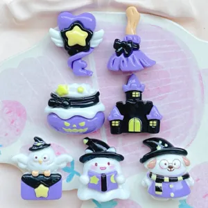 Halloween resin flatbacks detail shot, purple magic wand and cute ghost charms for DIY phone cases.