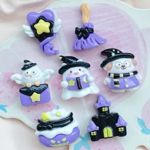 Halloween purple resin charms for phone case hairpin DIY crafts, cute ghost broom decor.