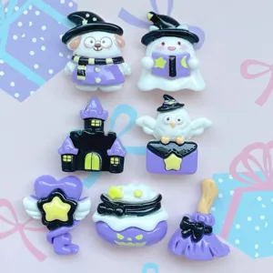 Halloween resin charms, purple ghost castle broom DIY cabochons for phone case hair clip.
