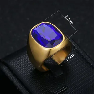 Detailed view of a blue gemstone ring with gold-plated stainless steel band dimensions