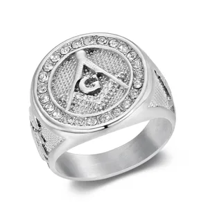 Macro detail of a silver stainless steel Masonic ring with sparkling inlaid rhinestones
