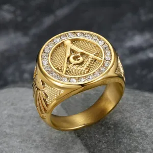 Vintage Men Stainless Steel Masonic Cross Ring Gold Steel Color Masonic Emblem Rhinestone Signet Ring Fashion Jewelry