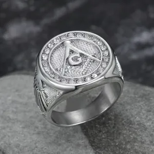 Close-up of silver-tone stainless steel Freemasonry ring with rhinestones