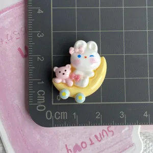 Resin bunny and bear on crescent moon charm detail, cute DIY cabochon for phone case hair clip