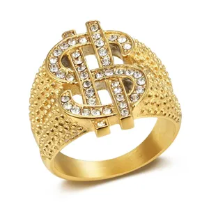 Men Hip Hop Stainless Steel Dollar Sign Ring Full Rhinestone Pave Punk Statement Finger Ring Fashion Jewelry Gift