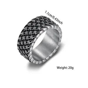 Detail of vintage woven stainless steel ring with 1.1cm width and 20g weight measurement