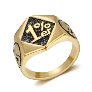 Makroansicht eines Vintage-Punk-Edelstahlrings mit 1%er- und Totenkopf-Gravuren