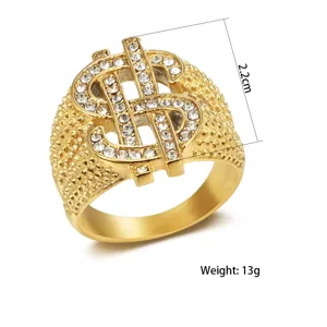 Close-up of hip hop stainless steel dollar sign ring with white rhinestones, 13g