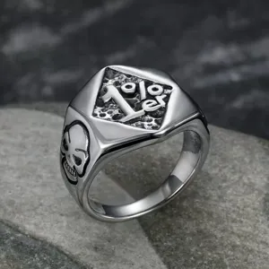 Nahaufnahme eines Vintage-Punk-Rings aus Edelstahl mit 1%er-Logo und Totenkopf-Design
