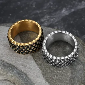 Macro detail showing the vintage braided texture of punk style stainless steel rings