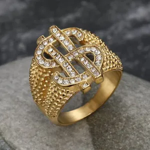 Close-up detail showing the iced-out gold dollar sign ring with unique textured band