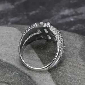 Detailed back view of a silver dollar sign hip-hop ring showing the textured band
