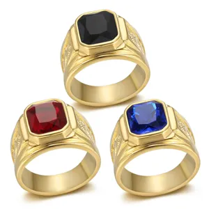 Luxury gold titanium steel men's rings with black red and blue gemstones set of 3