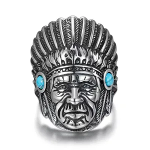 Anillo de Jefe Indio de Acero Inoxidable Retro para Hombres Anillo de Dedo de Turquesa Tallado Vintage Regalo de Joyería Punk