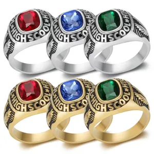 Vintage Punk Stainless Steel Ring For Men Women Square Gemstone High School Signet Ring Retro Casual Jewelry