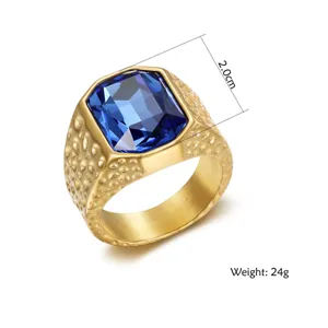 Men's gold stainless steel ring featuring a blue rectangular zircon, weight 24g and 2.0cm width