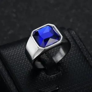 Minimalist Stainless Steel Square Cut Rhinestone Ring For Men Retro Geometric Fashion Jewelry Finger Ring