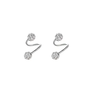 Exquisitos pendientes de tuerca en espiral de plata S999 con bolas de circonita brillante.