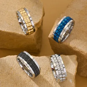 Punk Style Stainless Steel Spinner Ring For Men Rotating Watch Chain Design Geometric Finger Ring Punk Jewelry Gift