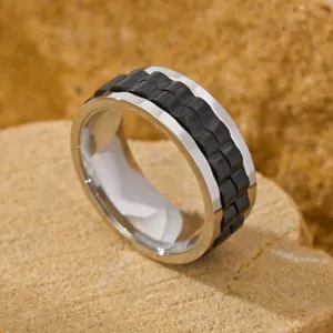 Men's rotatable stainless steel watch chain ring featuring a black and silver punk design