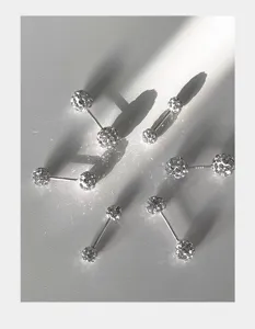 Pendientes de botón de bola de estrás brillante de plata esterlina S999 para mujer