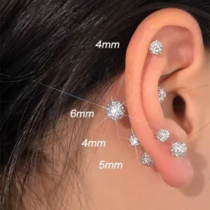 Pendientes de Botón de Plata de Ley S999 con Strass para Mujer Brillante Geométrico Redondo Cierre de Rosca Joyería Minimalista