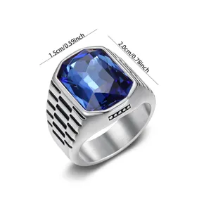 Men's stainless steel ring with blue gemstone showing dimensions 1.5x2.0cm