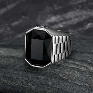 Detailed view of men's hip-hop stainless steel ring with large black square gem