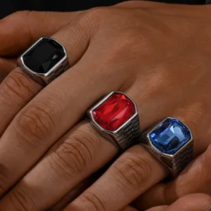 Men's hip-hop stainless steel rings featuring square black red and blue gemstones
