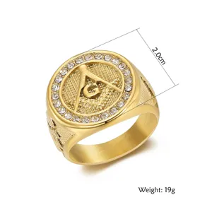 Gold-plated Masonic square and compass ring with rhinestones showing 19g weight