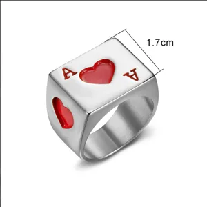 Macro view of stainless steel square ring featuring red Ace of Hearts design