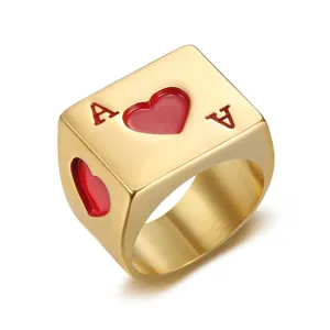 Macro view of the Ace of Hearts enamel detail on a gold-plated square signet ring.