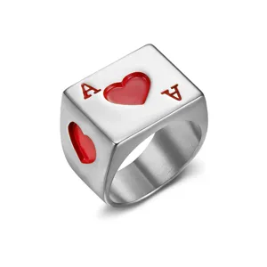 Close-up of Ace of Hearts poker design on square stainless steel signet ring