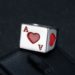Detailed macro view of vintage stainless steel square ring with Ace of Hearts design