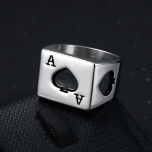 Close-up of stainless steel Ace of Spades poker ring with intricate engraved detail