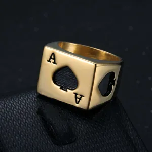 Detailed macro shot of a gold-plated stainless steel square ring with Ace of Spades design