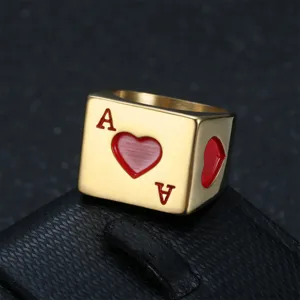 Close-up of vintage men's stainless steel square Ace of Hearts poker ring with red enamel
