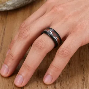 Men's stainless steel reindeer ring with wood grain inlay and mountain landscape design