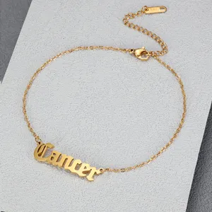 Elegant gold Cancer zodiac anklet with Old English letters in stainless steel finish
