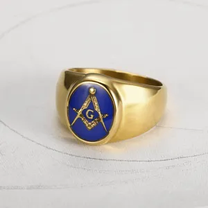 Men Stainless Steel Freemason Signet Ring Vintage Punk Hip Hop Masonic Letter G Blue Enamel Ring Fashion Jewelry