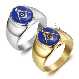 Detailed view of silver and gold Masonic signet rings with blue enamel and 1.6cm dimensions